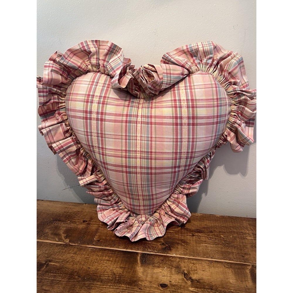 Vintage Heart Shaped Pillow Ruffles Lace Plaid Country Cottage